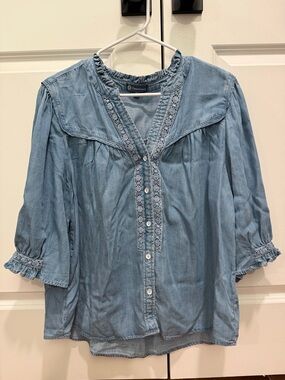 Democracy Light Blue Denim Ladies Blouse with Lace Trim-XL